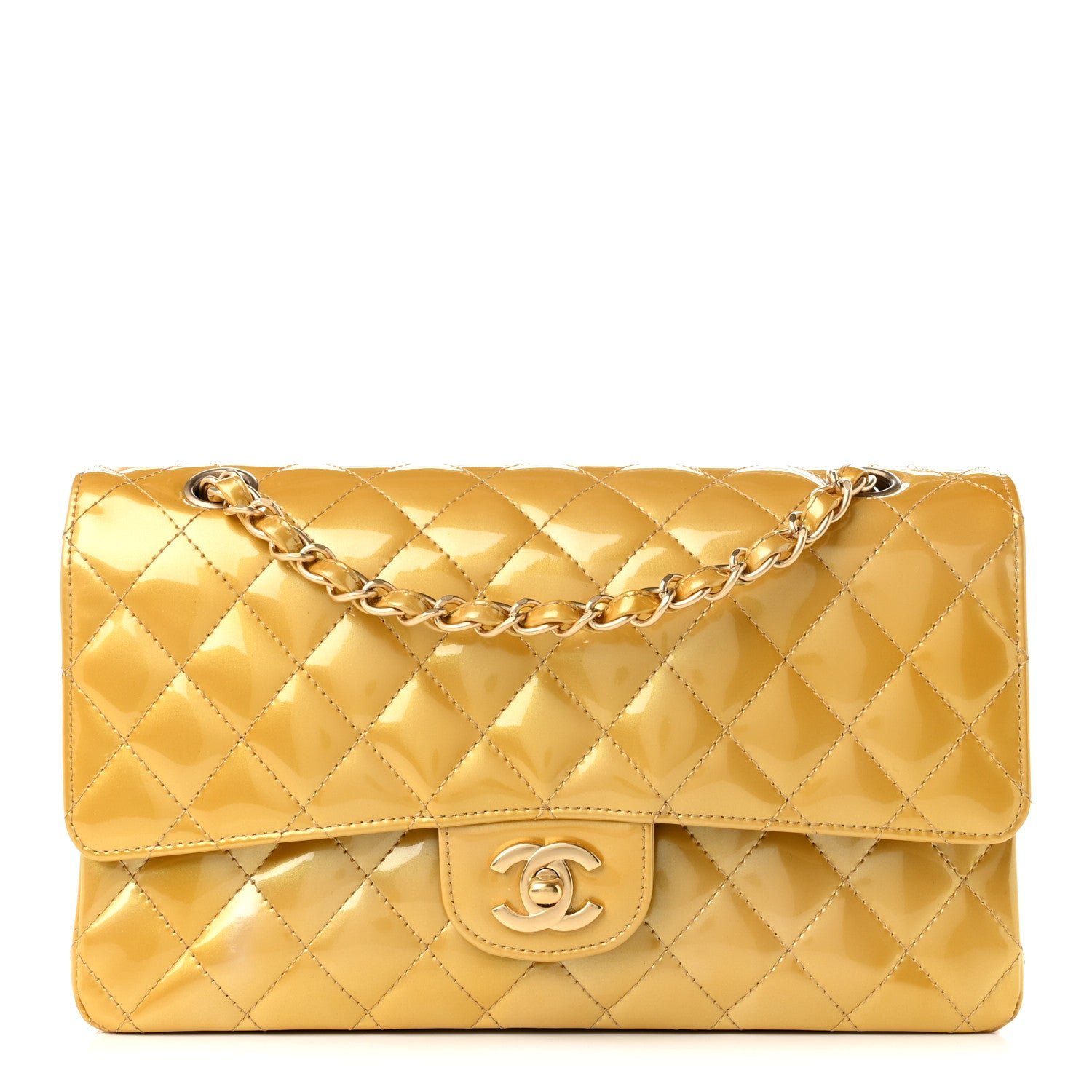 Chanel Metallic Patent Quilted Medium Double Flap Gold
