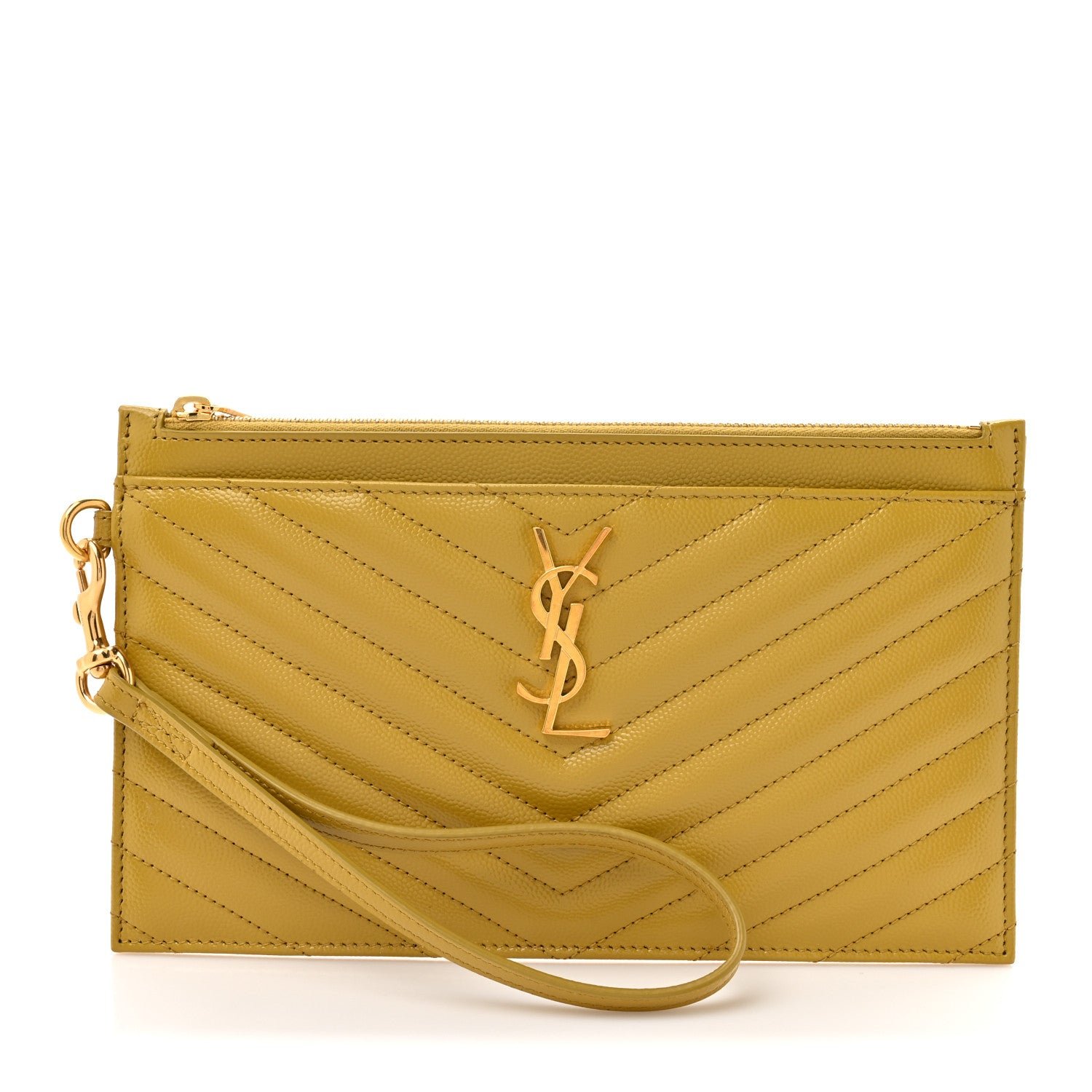 Saint Laurent Grain De Poudre Chevron Monogram Large Bill Pouch Light Chartreuse