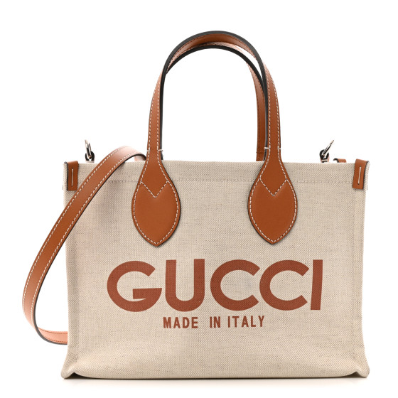Gucci Canvas Calfskin Logo Print Medium Tote Bag Brown