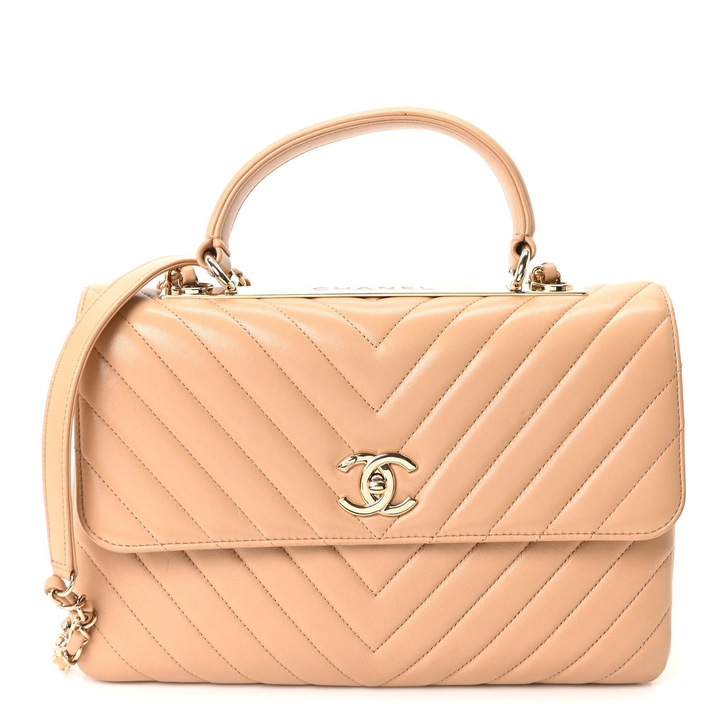 Chanel Lambskin Chevron Quilted Medium Trendy CC Dual Handle Flap Bag Beige
