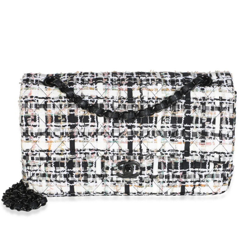 Black and White Quilted Tweed Medium Classic Double Flap Bag Black Hardware, 2023