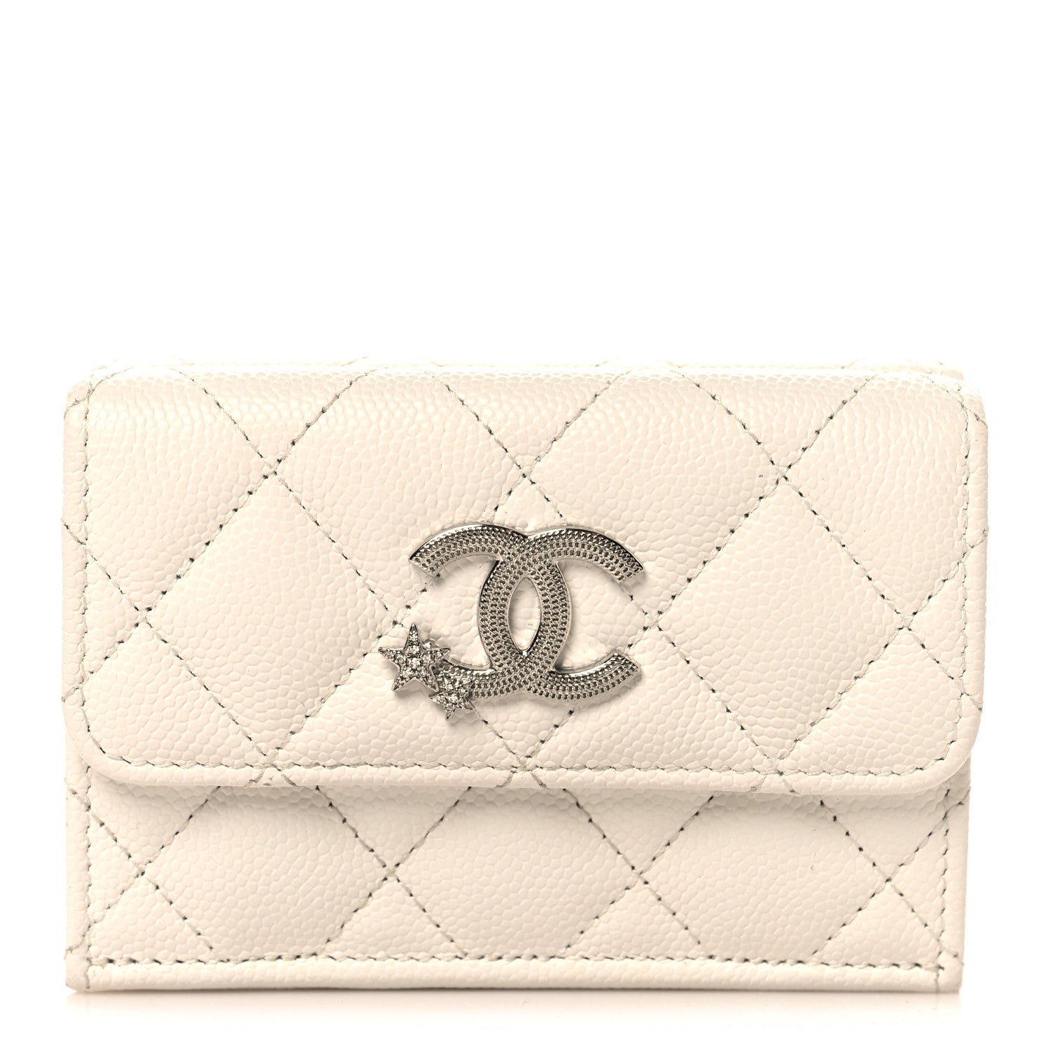 Chanel Caviar Quilted Crystal Star  Small Tri-Fold Flap Wallet White