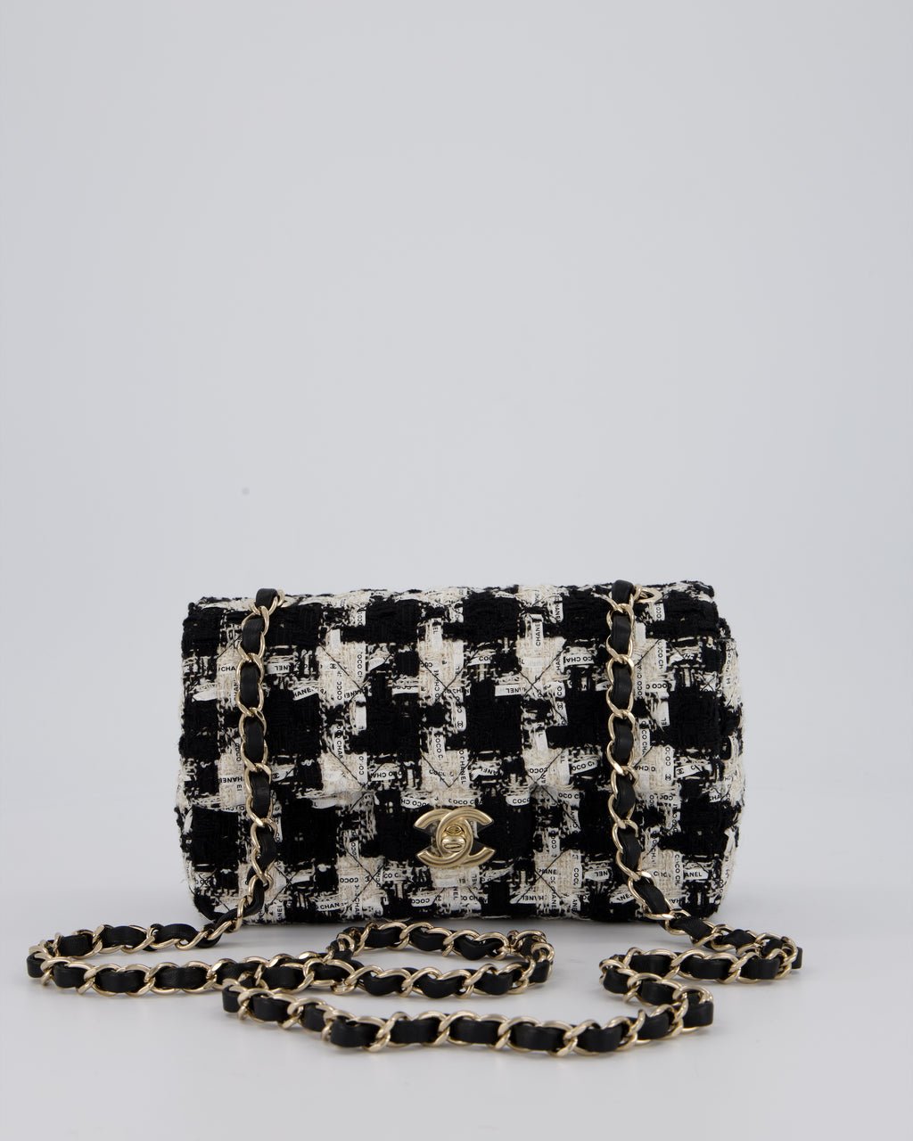 Chanel 20/S Black Tweed Mini Rectangular Flap Bag with Champagne Gold Hardware