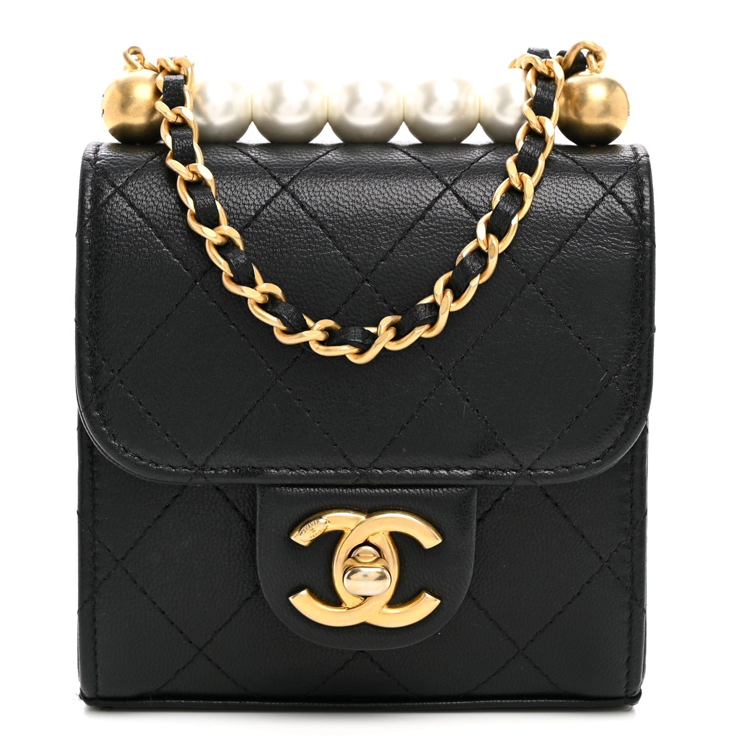 Chanel Goatskin Chic Pearls Clutch On Chain Black