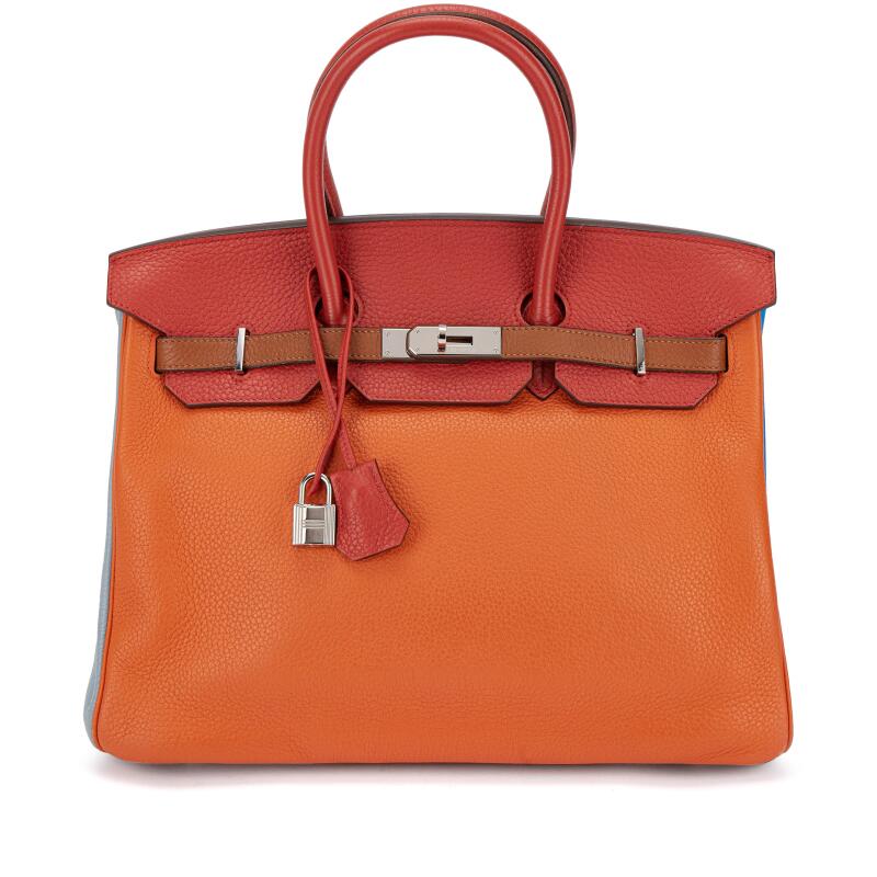 Hermes Limited Edition Orange H, Etain, Sanguine, Bleu Hydra, Gold and Bleu Lin Clémence Arlequin Birkin 35 Palladium Hardware, 2012