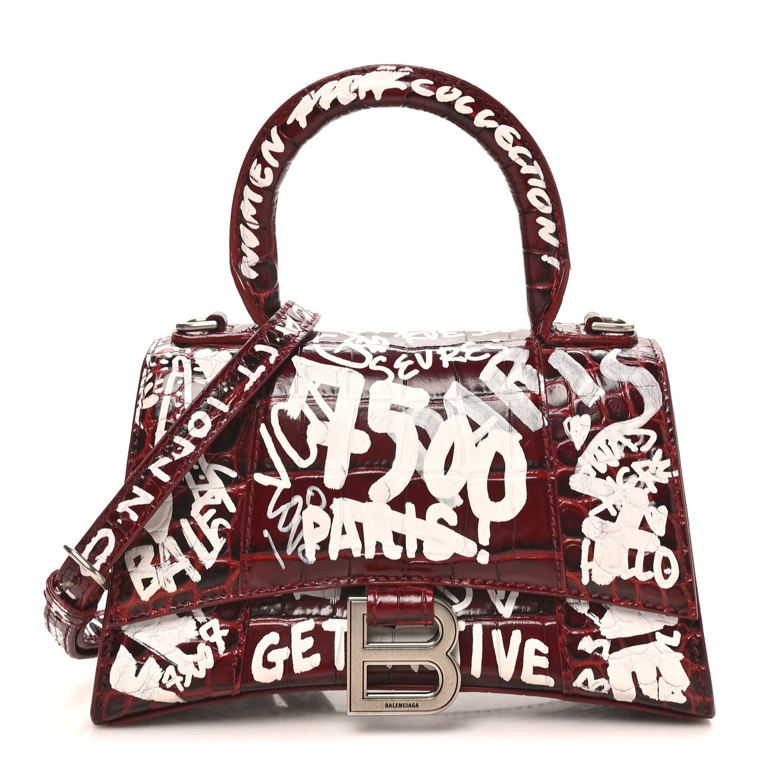 Balenciaga Crocodile Embossed Calfskin Graffiti Hourglass Top Handle Bag XS Dark Red White