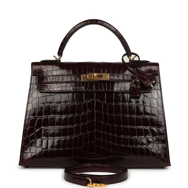 Hermes Pre-owned Hermes Kelly Sellier 32 Bordeaux Shiny Niloticus Crocodile Gold Hardware