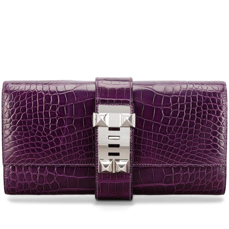 Amethyst Shiny Alligator Medor Clutch 23 Palladium Hardware, 2014