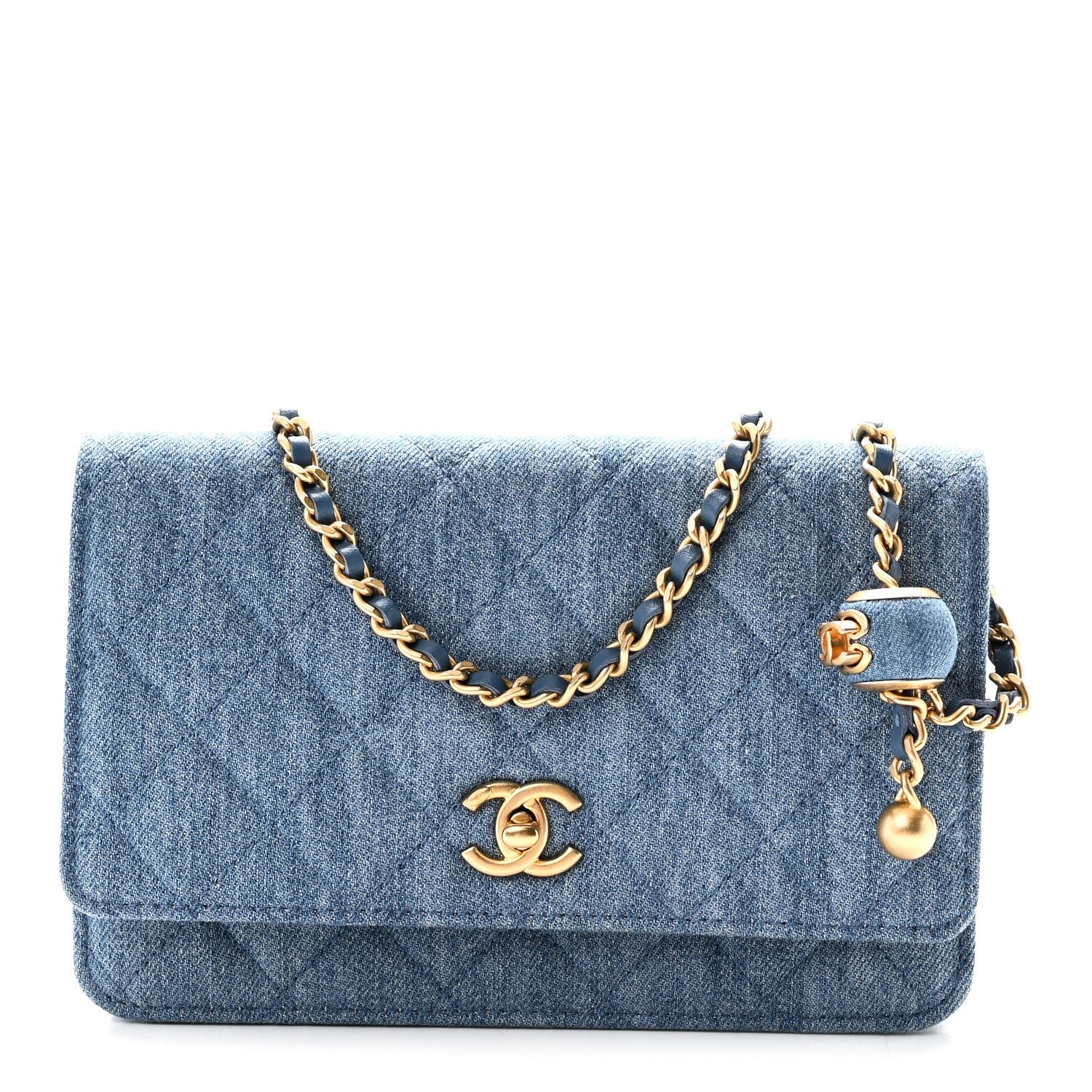 Chanel Denim Quilted CC Pearl Crush Wallet on Chain WOC Blue