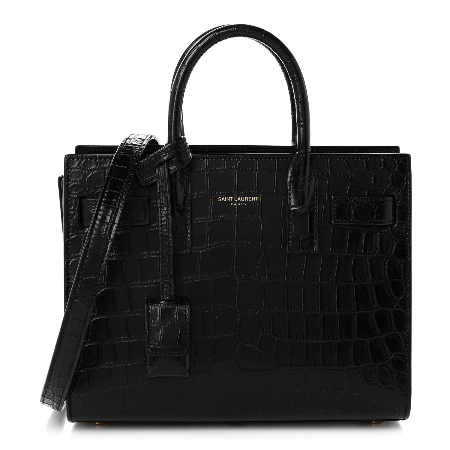 Saint Laurent Calfskin Crocodile Embossed Nano Sac De Jour Black