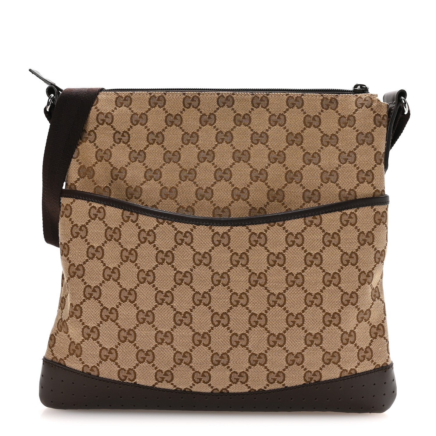 Gucci Monogram Calfskin Perforated Medium Flat Messenger Bag Dark Brown