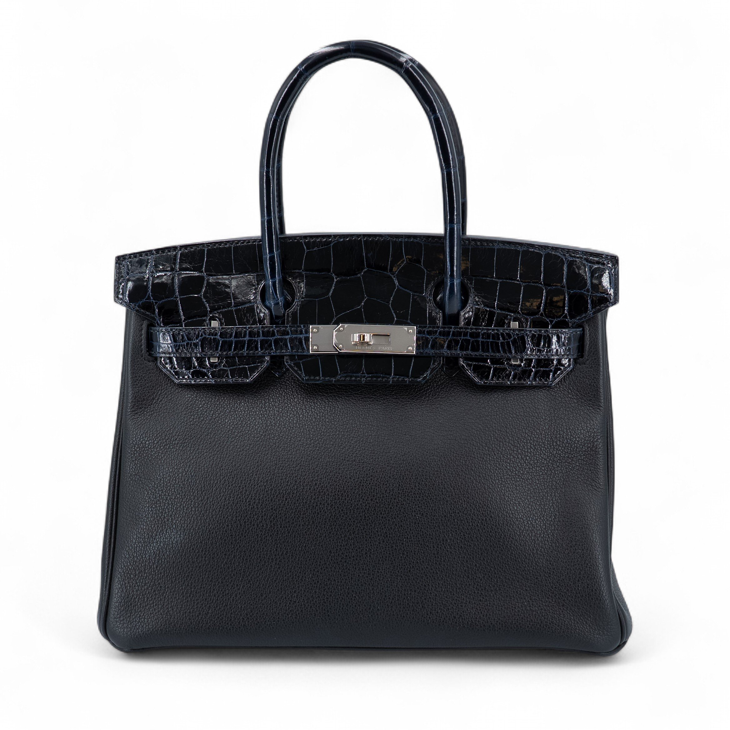 Hermes Very Good ( Rank A) HERMÈS Birkin 30 Touch Blue Marine (78) Noir (89) Shiny Niloticus Crocodile Taurillion Novillo Palladium hardware D (2019)