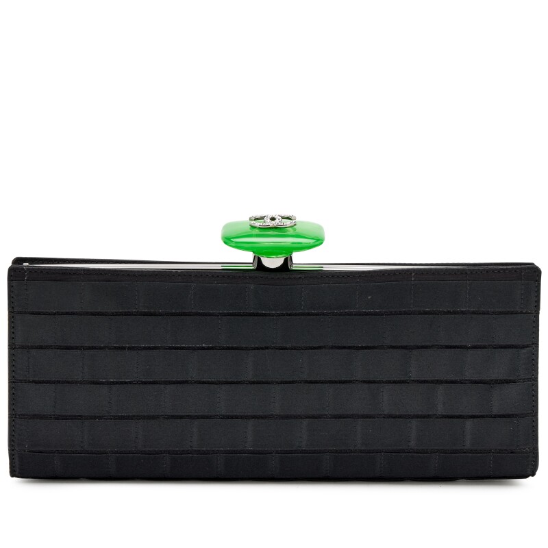 Black Chocolate Bar Quilted Satin Perfume Bottle Strass CC Resin Top Clutch Silver Hardware, 2009-2010