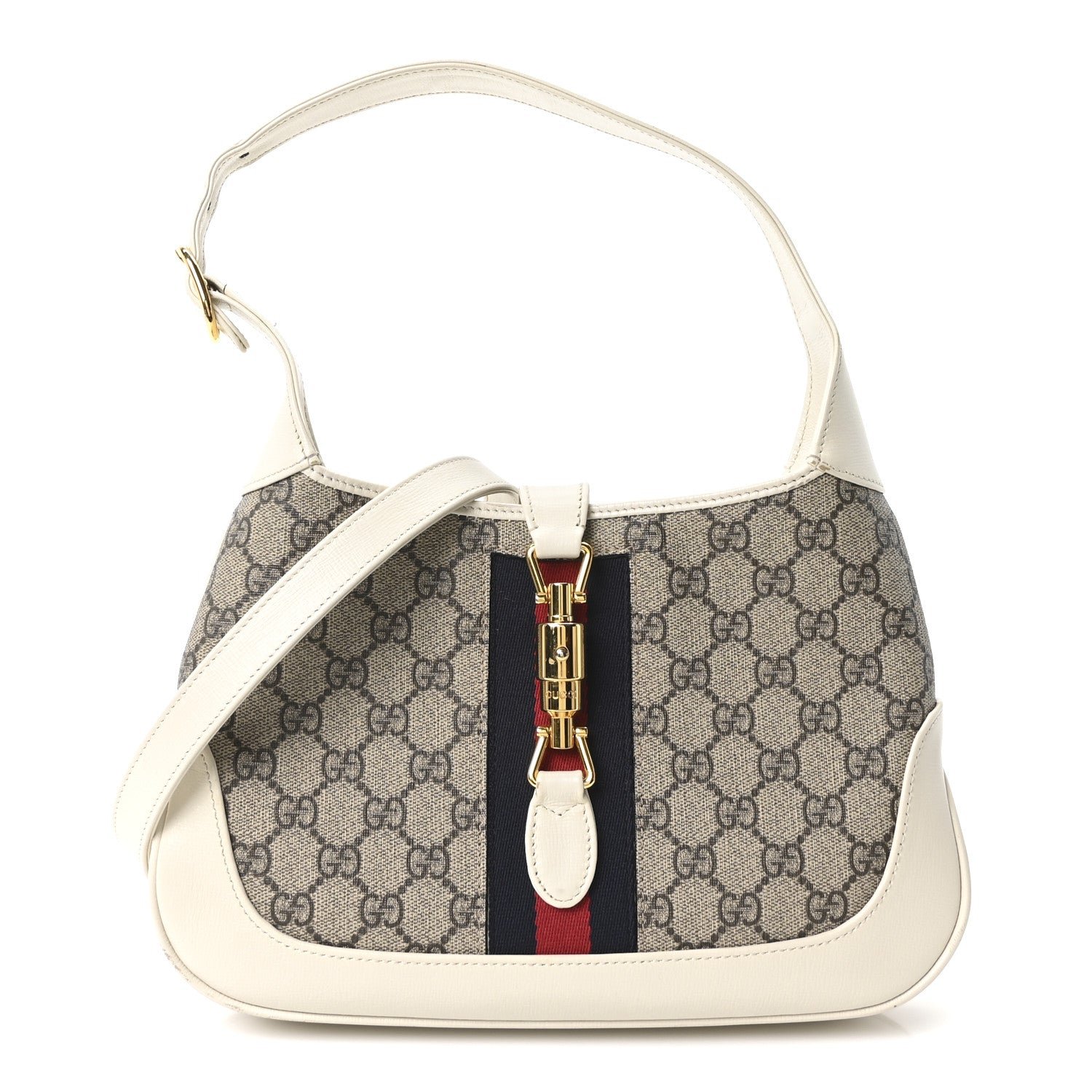 Gucci GG Supreme Monogram Azalea Calfskin Web Small Jackie 1961 Hobo Beige Ebony Mystic White