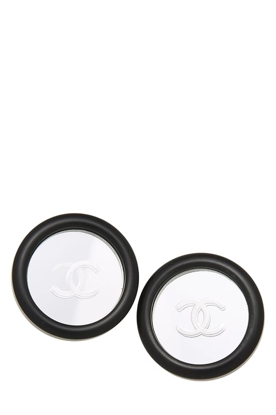Chanel Black Acrylic 'CC' Mirror Button Earrings