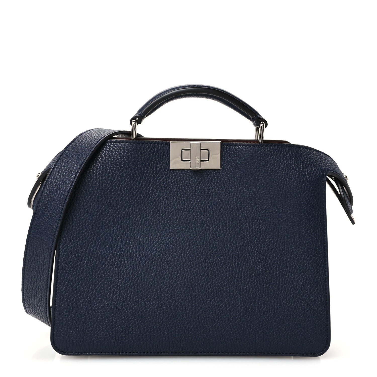 Fendi Cuoio Romano Vitello Cover Glazed Fabric Bi-Color FF 1974 Mini Peekaboo I SEE U Satchel Blue Dark Brown Tobacco Moro