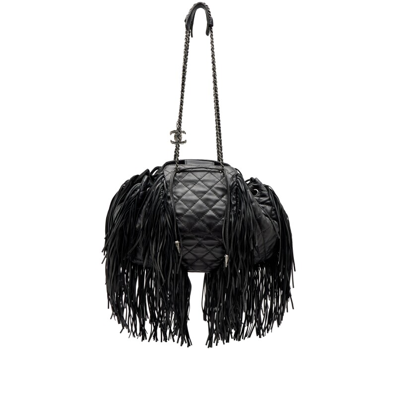 Black Quilted Lambskin Paris-Dallas Drawstring Western Baluchon Fringe Shoulder Bag Ruthenium Hardware, 2014