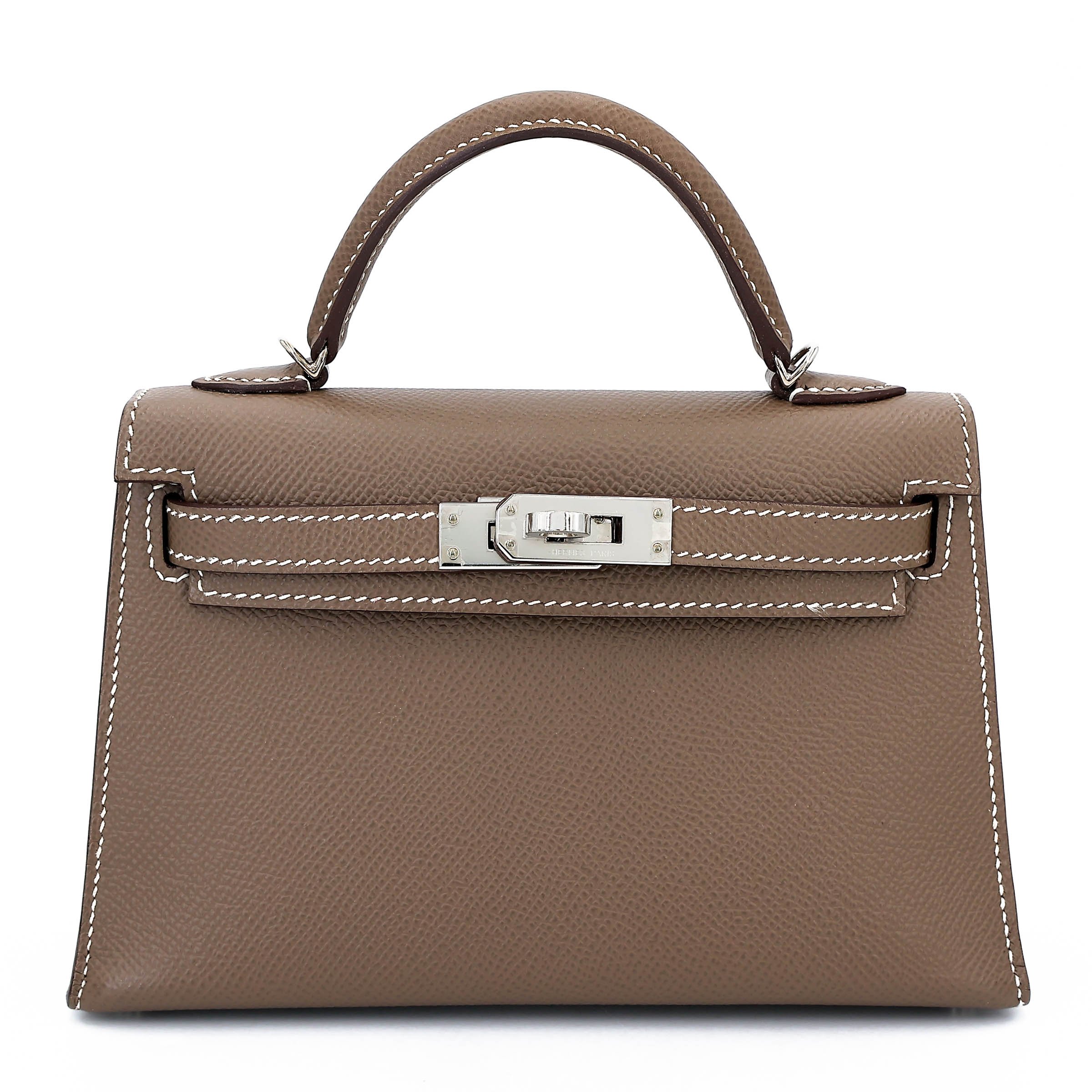 Excellent ( Rank SA ) HERMÈS Mini Kelly II Etoupe (18) Epsom Palladium hardware Y (2020)