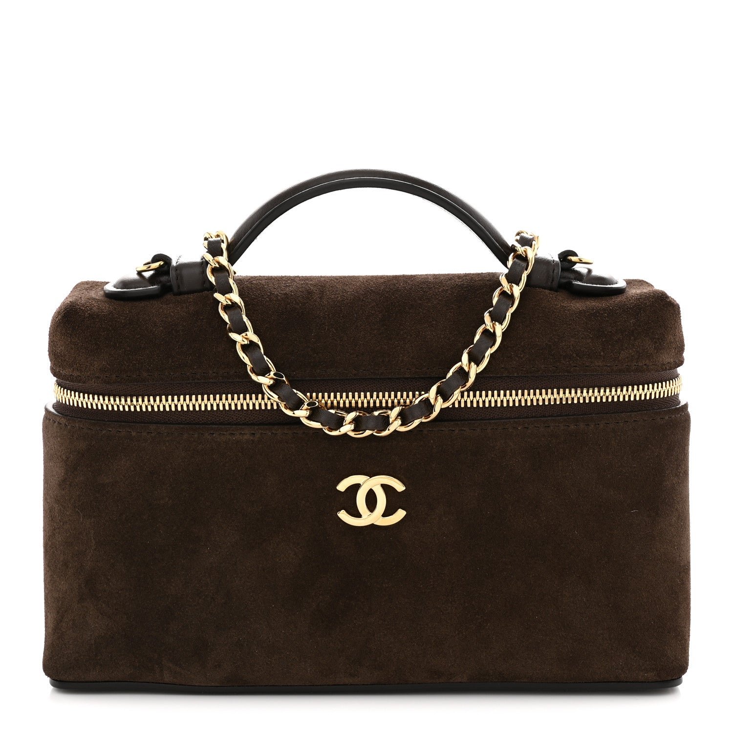 Chanel Suede Calfskin Top Handle Trapeze Small Vanity Case With Chain Dark Brown