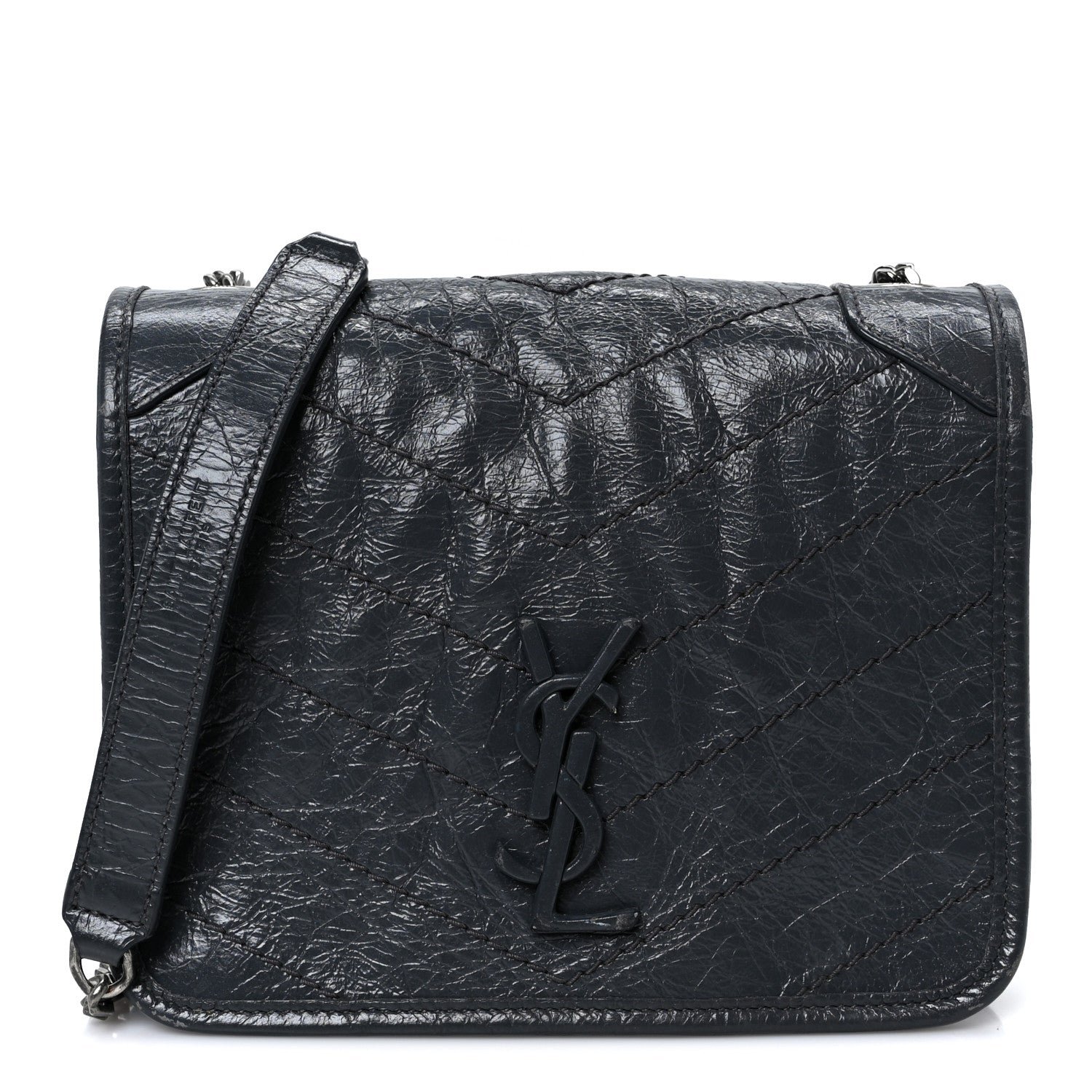 Saint Laurent Crinkled Calfskin Matelasse Monogram Niki Chain Wallet Dark Smog