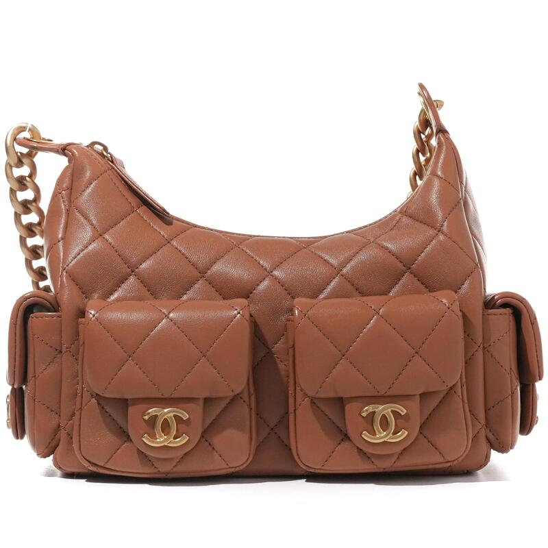 Brown Quilted Lambskin Medium Trendy Pockets Hobo Aged Gold Hardware
