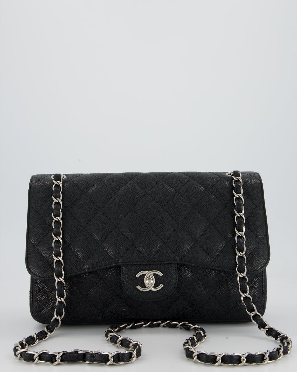 Chanel Black Jumbo Classic Double Flap Bag in Caviar Leather with Silver Hardware