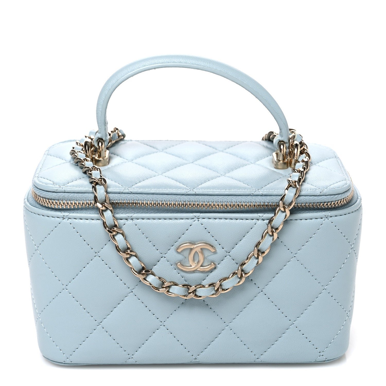 Chanel Lambskin Quilted Small Top Handle Vanity Case With Chain Light Blue