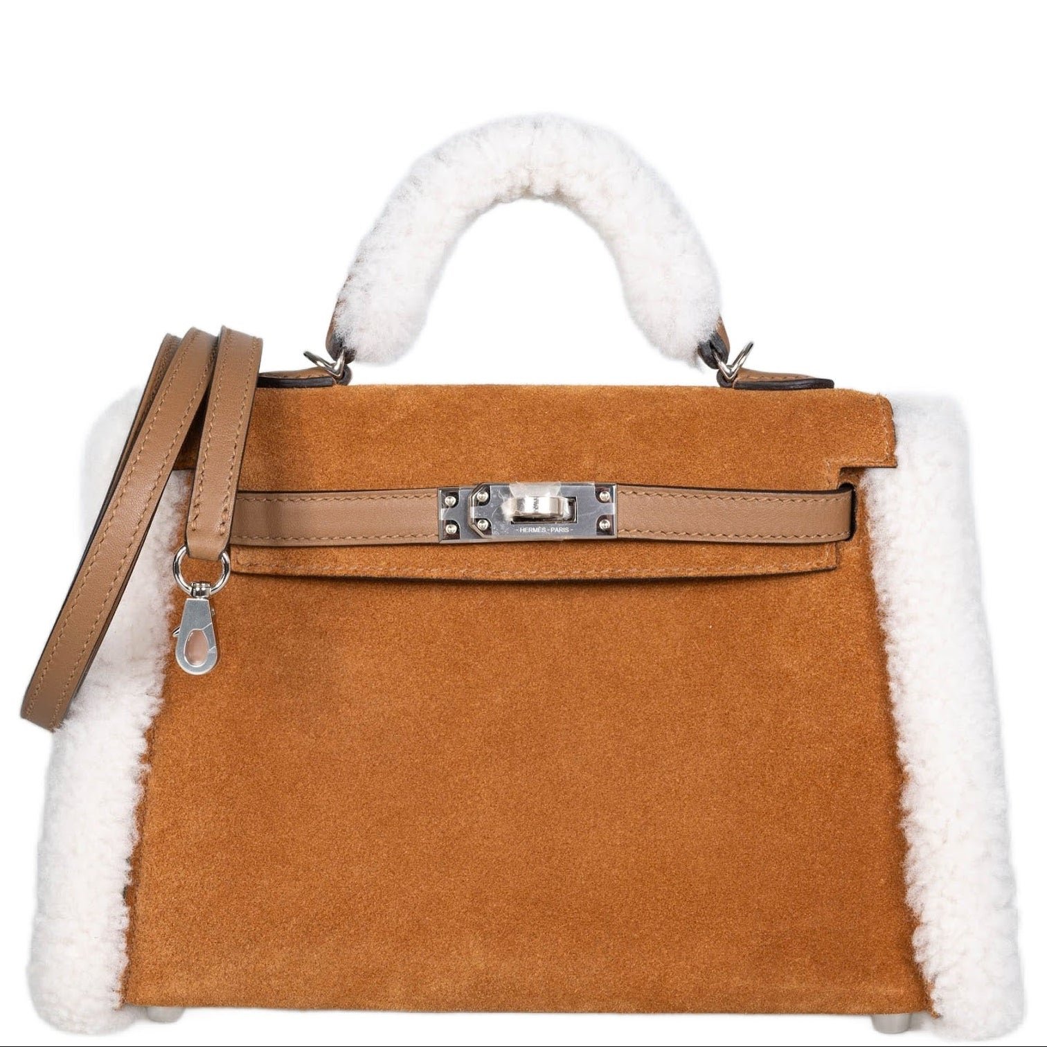 Hermes Hermès Teddy Mini Kelly 20 Chamois Grizzly, Alezan Swift and Ecru Mouton Shearling Palladium Hardware