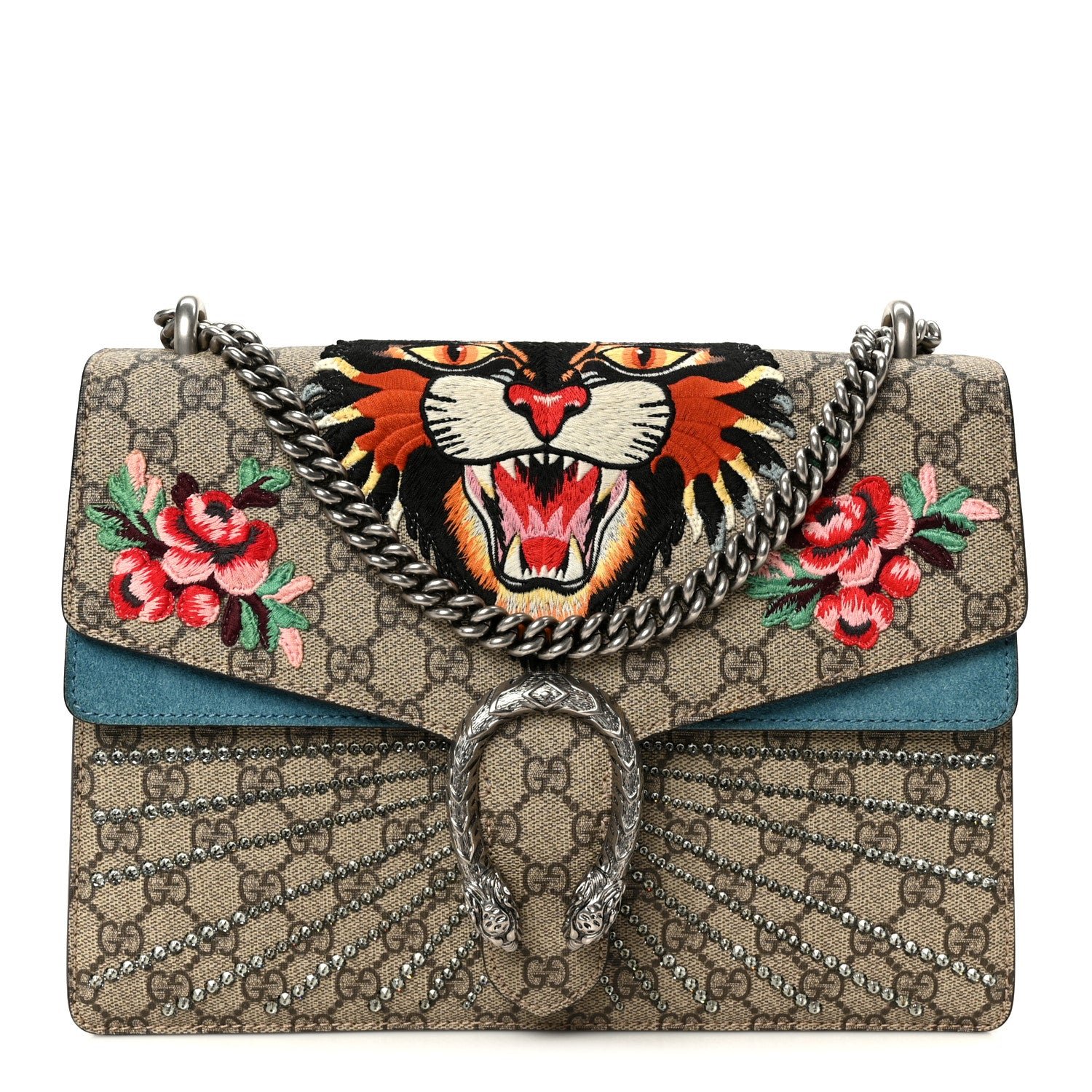 Gucci GG Supreme Monogram Angry Cat Embroidered Medium Dionysus Shoulder Bag Beige Ultramarine