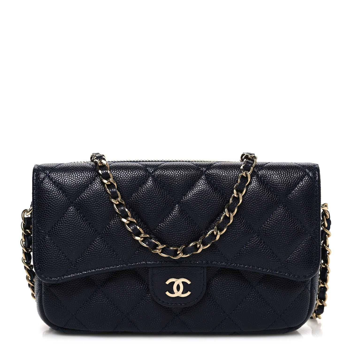 Chanel Caviar Quilted Flap Phone Holder With Chain Navy Blue