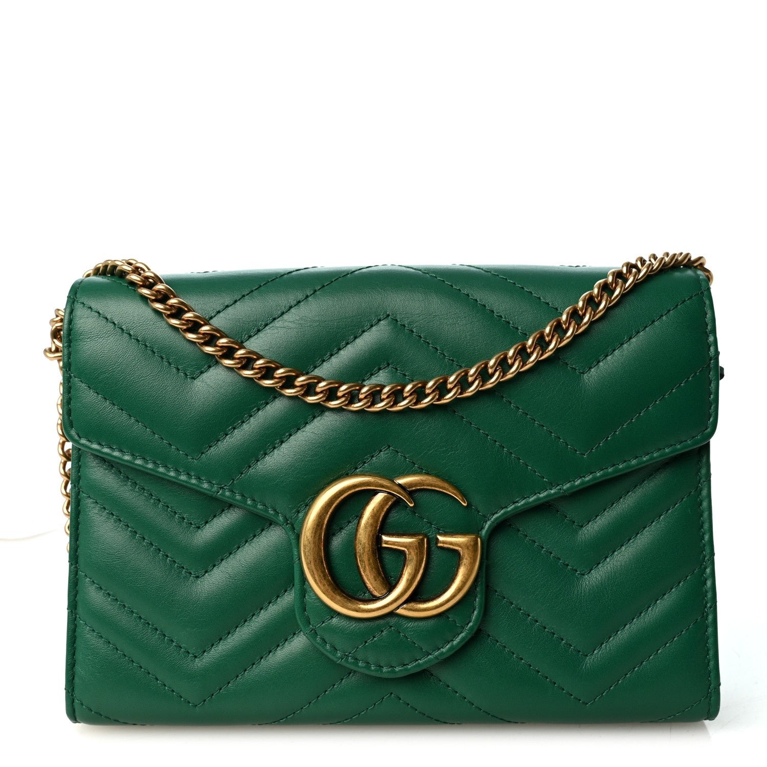 Gucci Calfskin Matelasse GG Marmont Chain Wallet Emerald Green