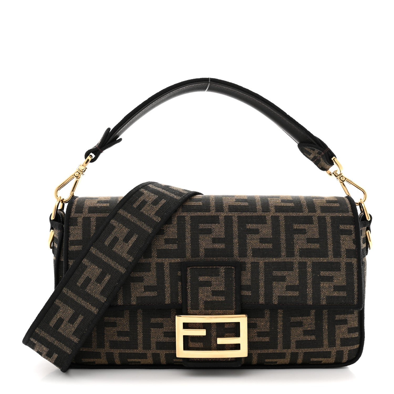 Fendi Fabric Jacquard FF 1974 Medium Baguette Tobacco Moro Black
