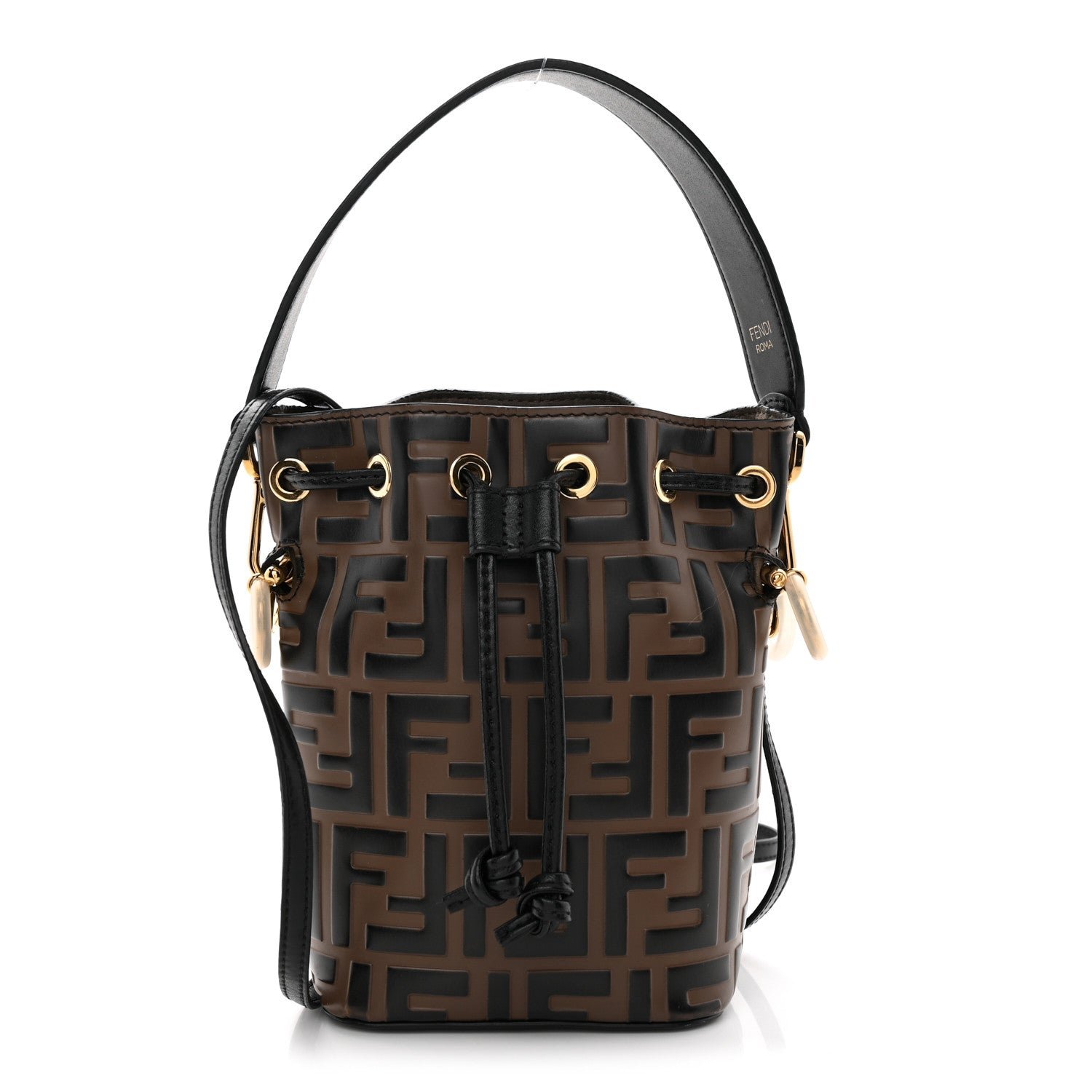 Fendi Vitello Liberty F is Fendi Bi-Color FF 1974 Embossed Mini Mon Tresor Bucket Bag Maya Black