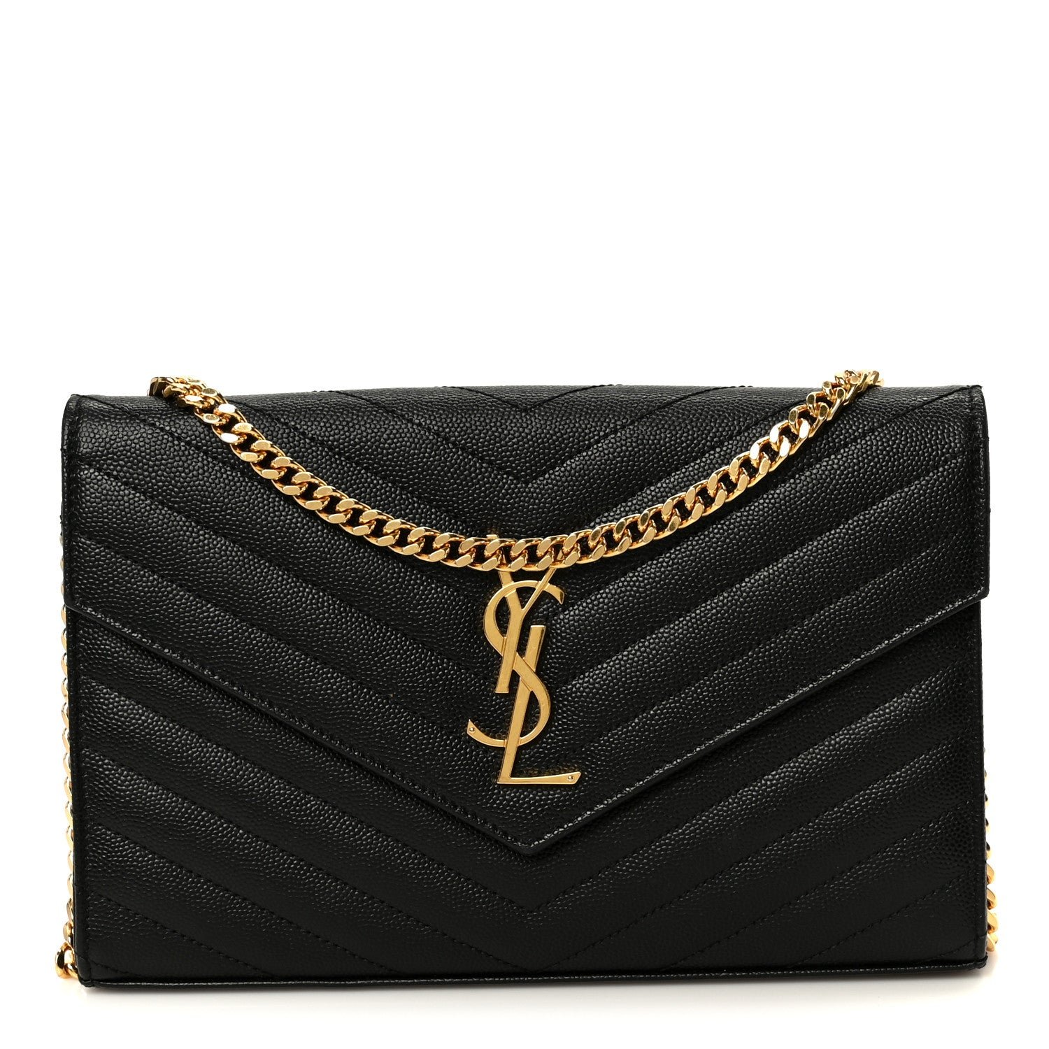 Saint Laurent Grain De Poudre Matelasse Chevron Monogram Chain Wallet Black