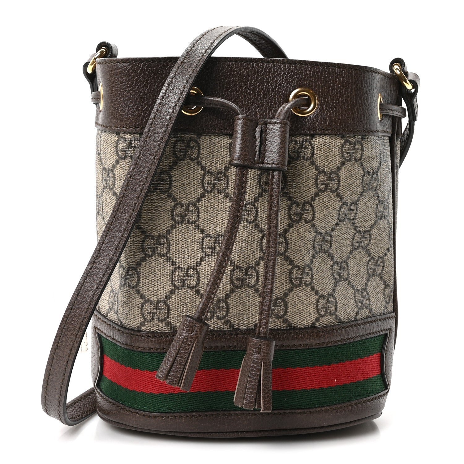 Gucci GG Supreme Monogram Web Mini Ophidia Bucket Bag Brown