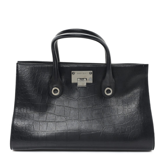 Jimmy Choo Crocodile Embossed Calfskin Riley Tote Black