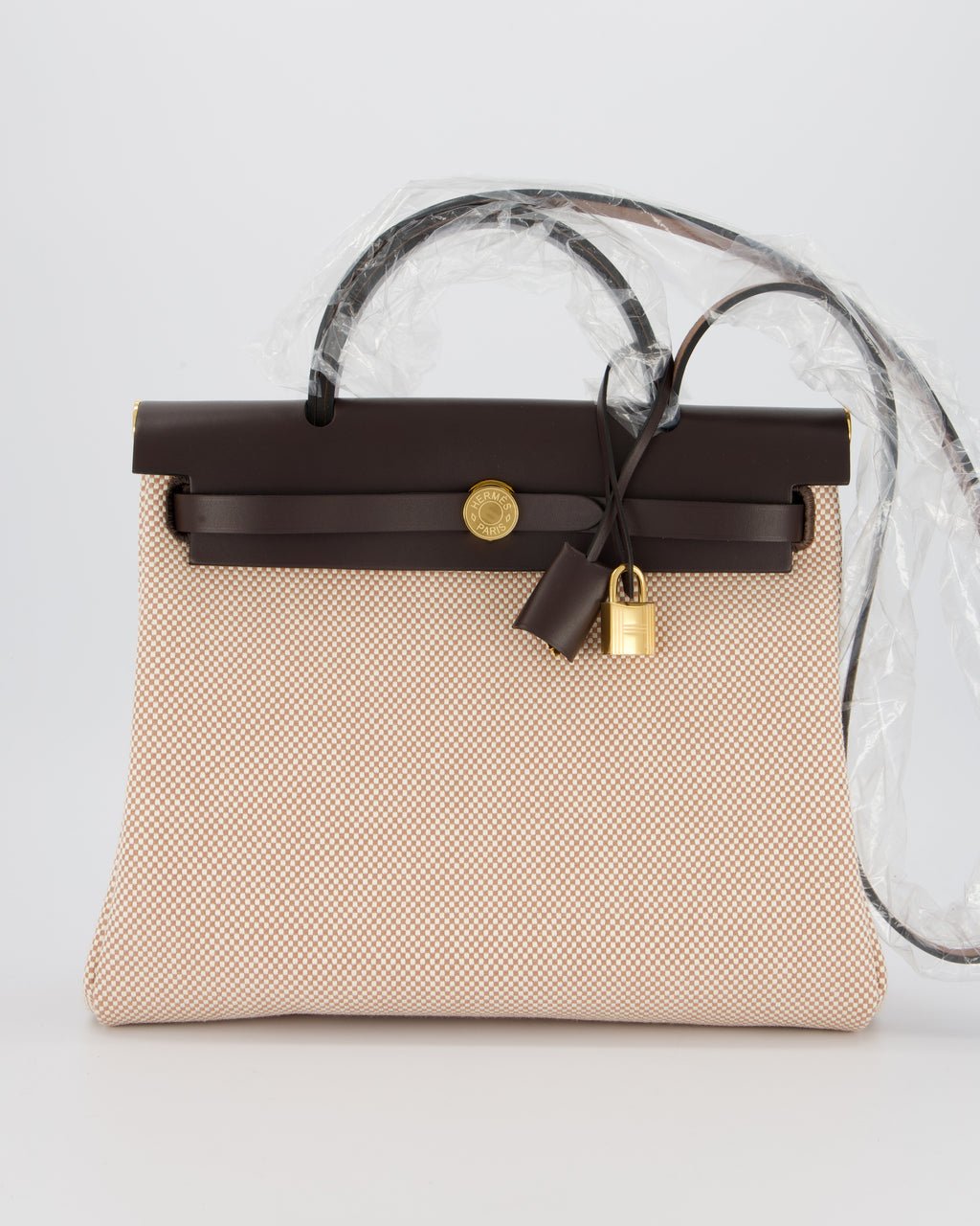 Hermes *HOT & RARE* Hermès Herbag 31 Zip Bag in Ecru/Beige Criss Viking Canvas, Ebene Vache Hunter Leather with Gold Hardware