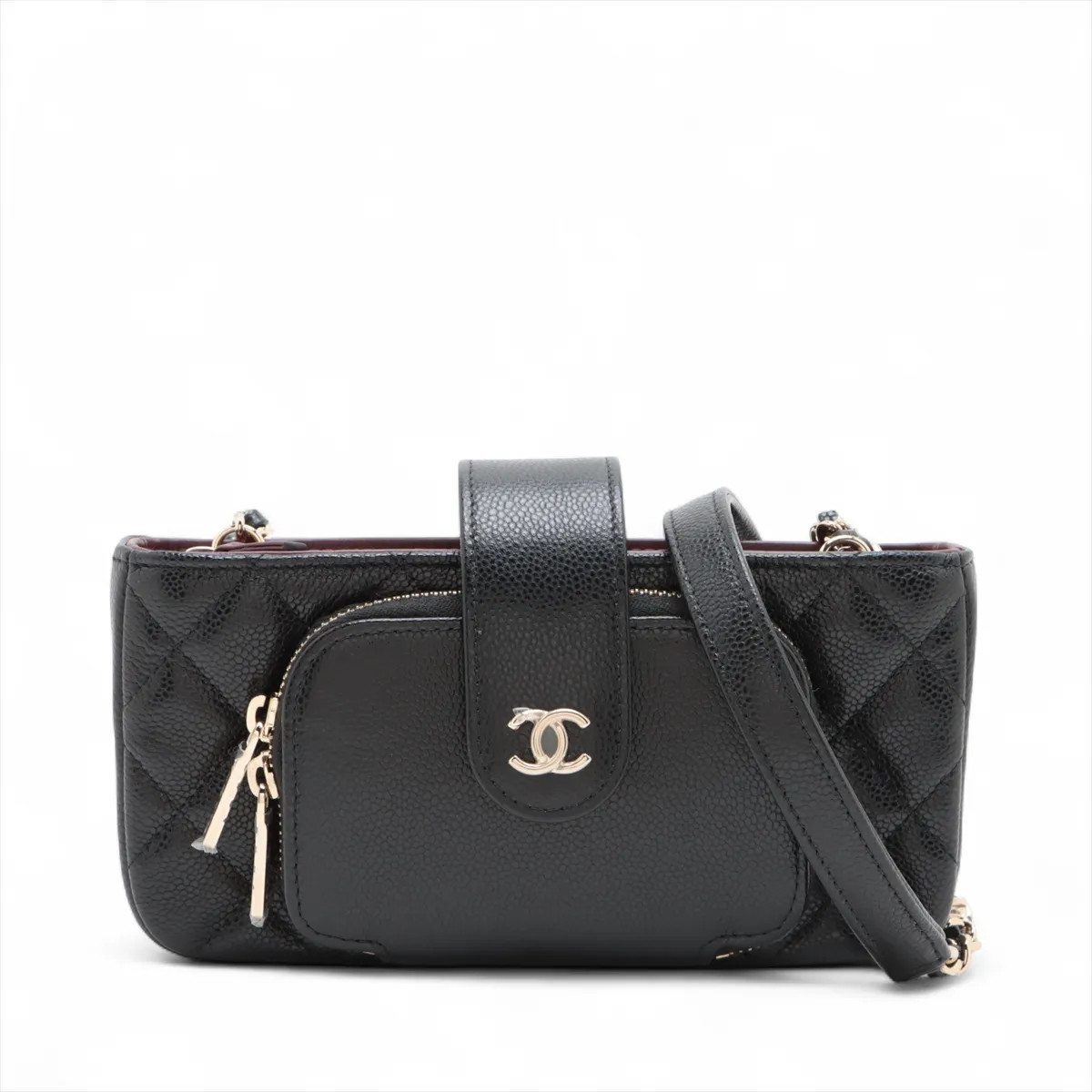 Chanel Matelasse Caviar Skin Chain Shoulder Bag phone case Black Gold Metal Fitt