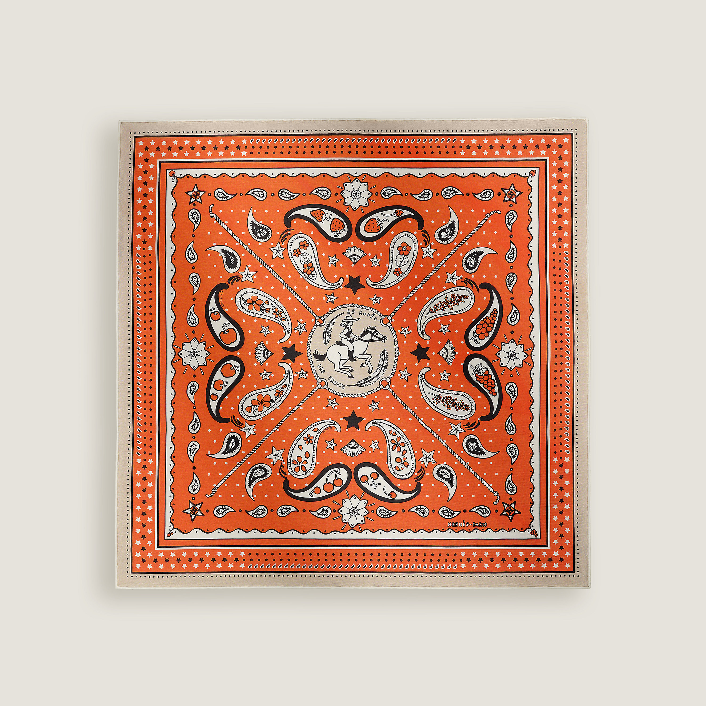 Hermès Le Rodeo des Fruits bandana 55 Orange/Mastic/Noir | BagUSeek