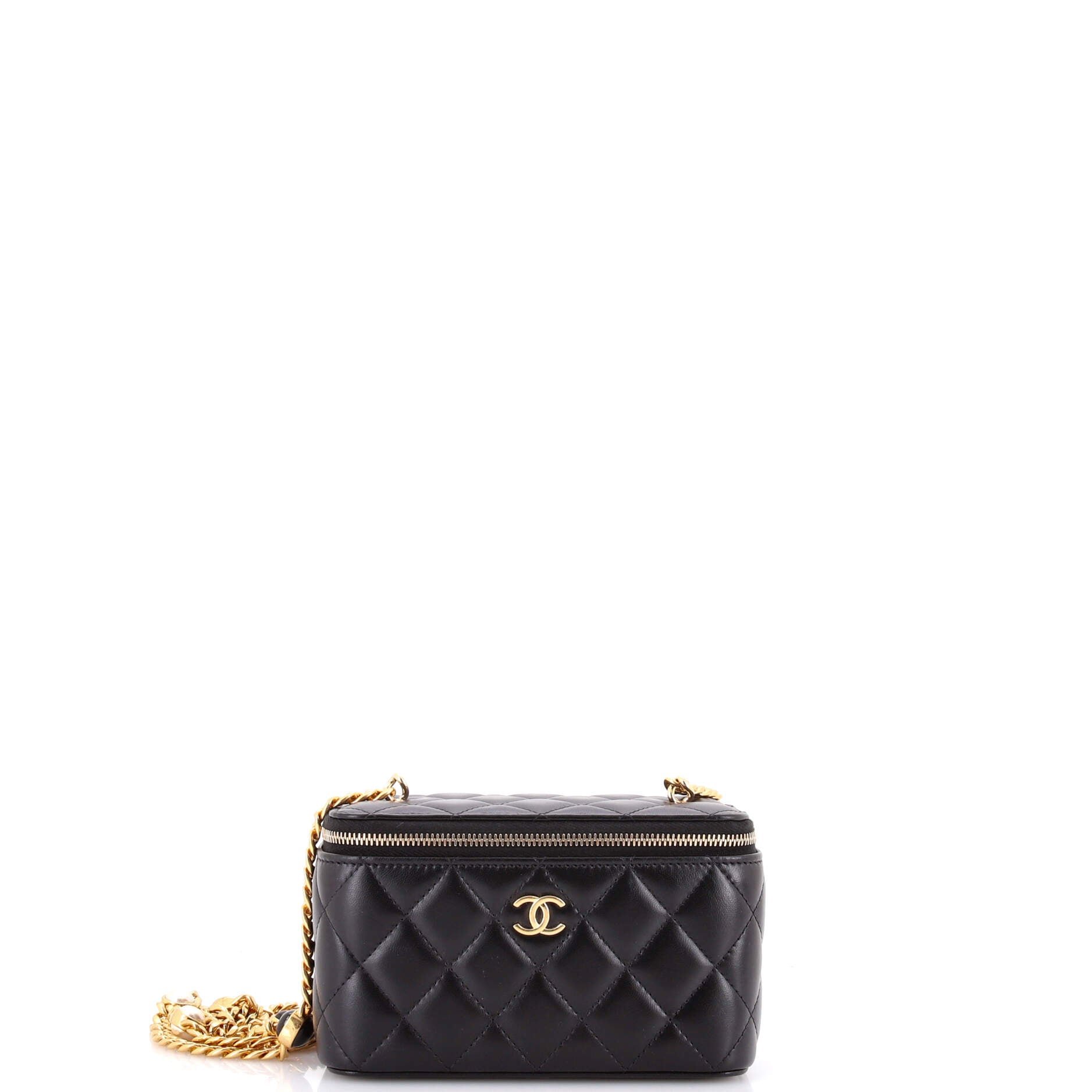 Classic Vanity Case with Resin Pearl Chain Quilted Lambskin Small