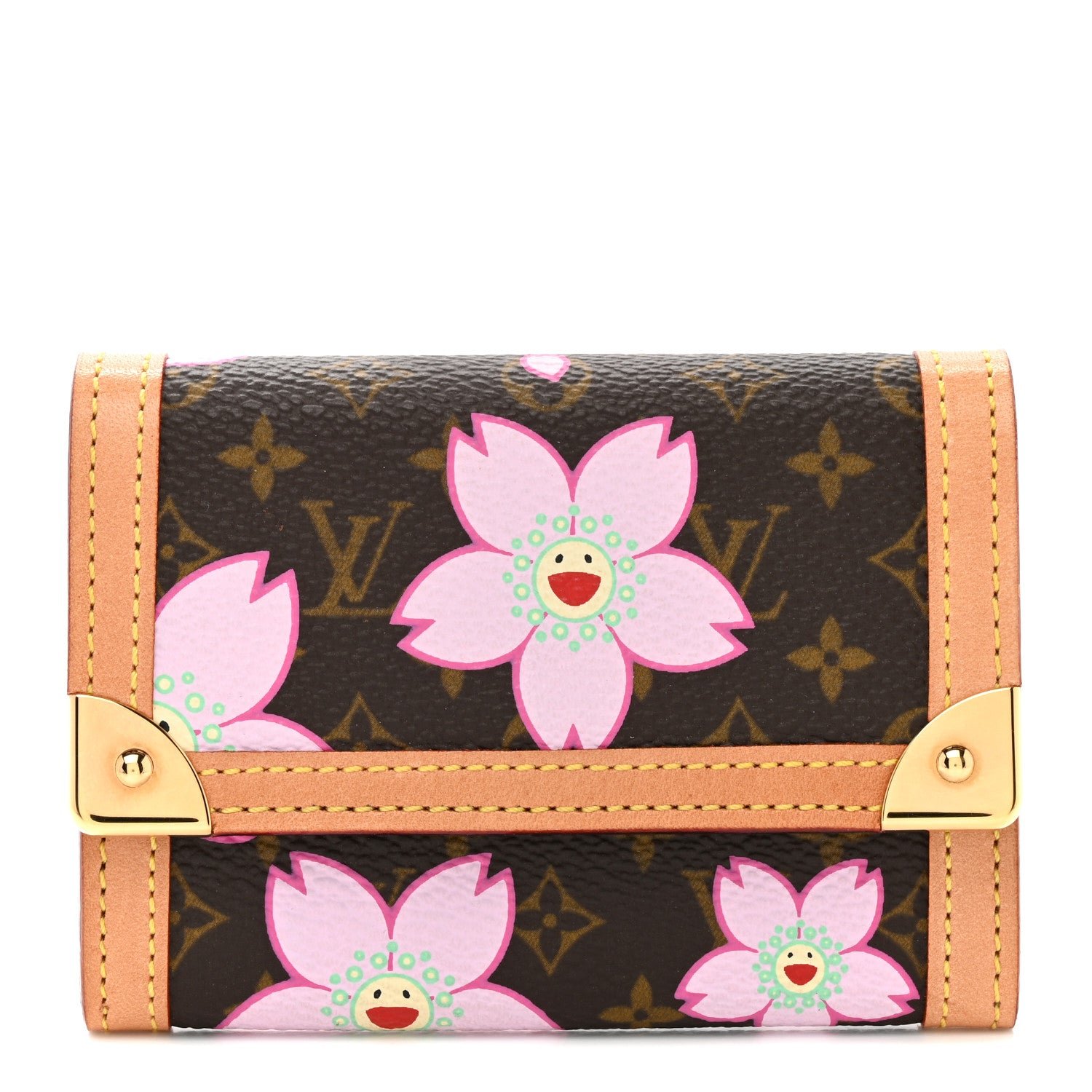 Louis Vuitton Monogram Cherry Blossom Porte-Monnaie Plat Coin Purse Brown