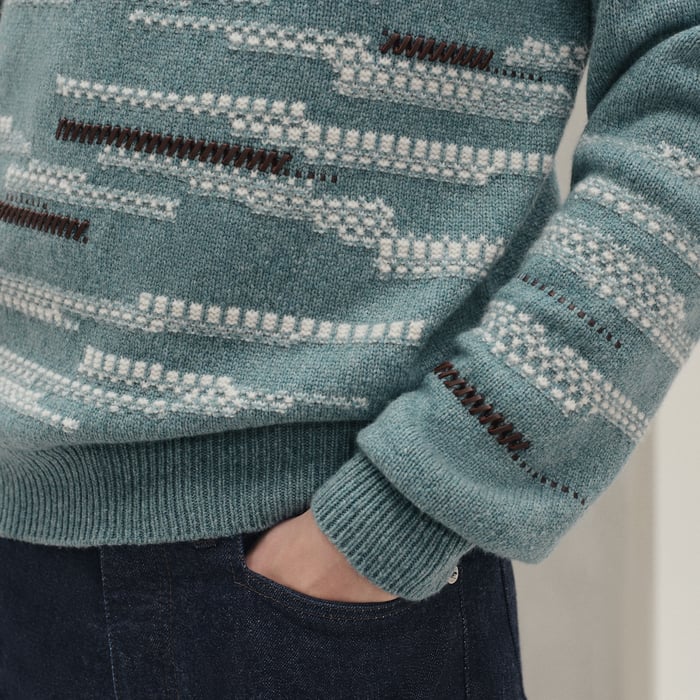 Céladon Chiné Cashmere "Cachemire Detail Cuir" Crewneck Sweater