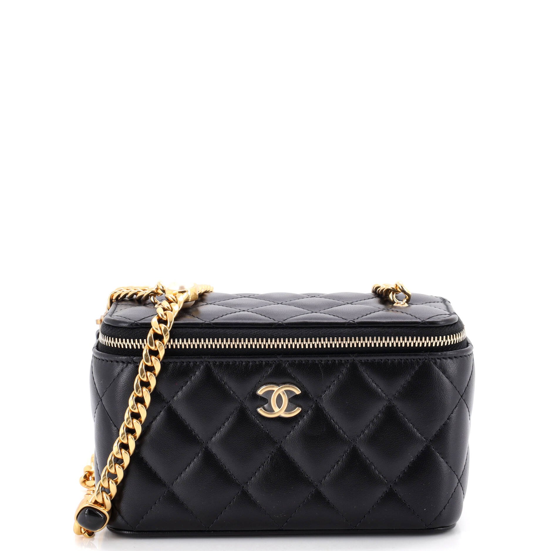 Classic Vanity Case with Resin Pearl Chain Quilted Lambskin Small