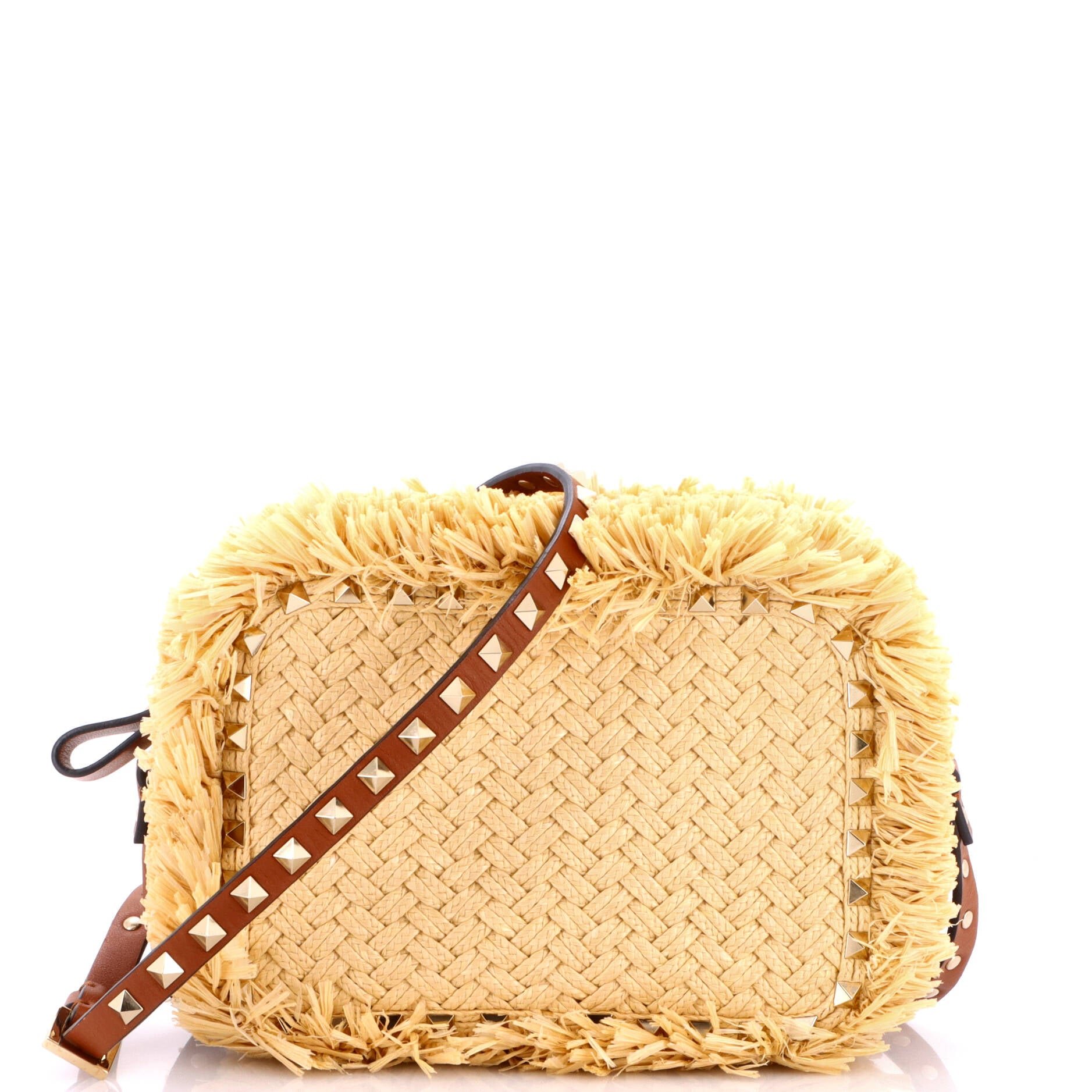 Rockstud Camera Crossbody Bag Raffia with Leather