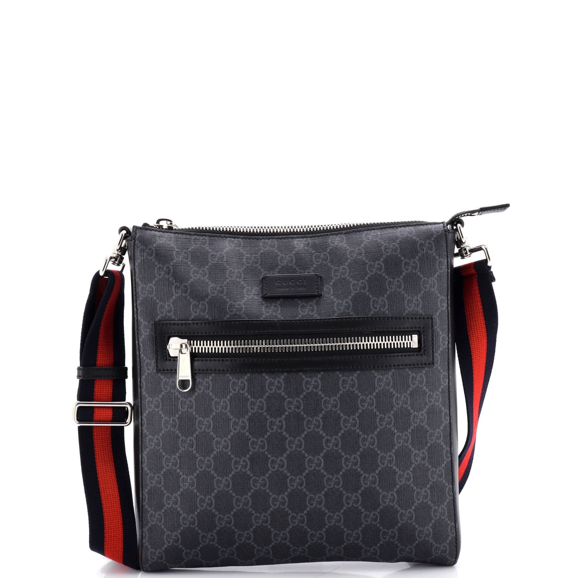 Gucci Web Strap Front Zip Messenger Bag GG Coated Canvas Medium