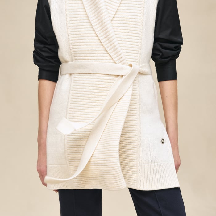 Blanc Naturel Belted Cashmere Sleeveless Cardigan