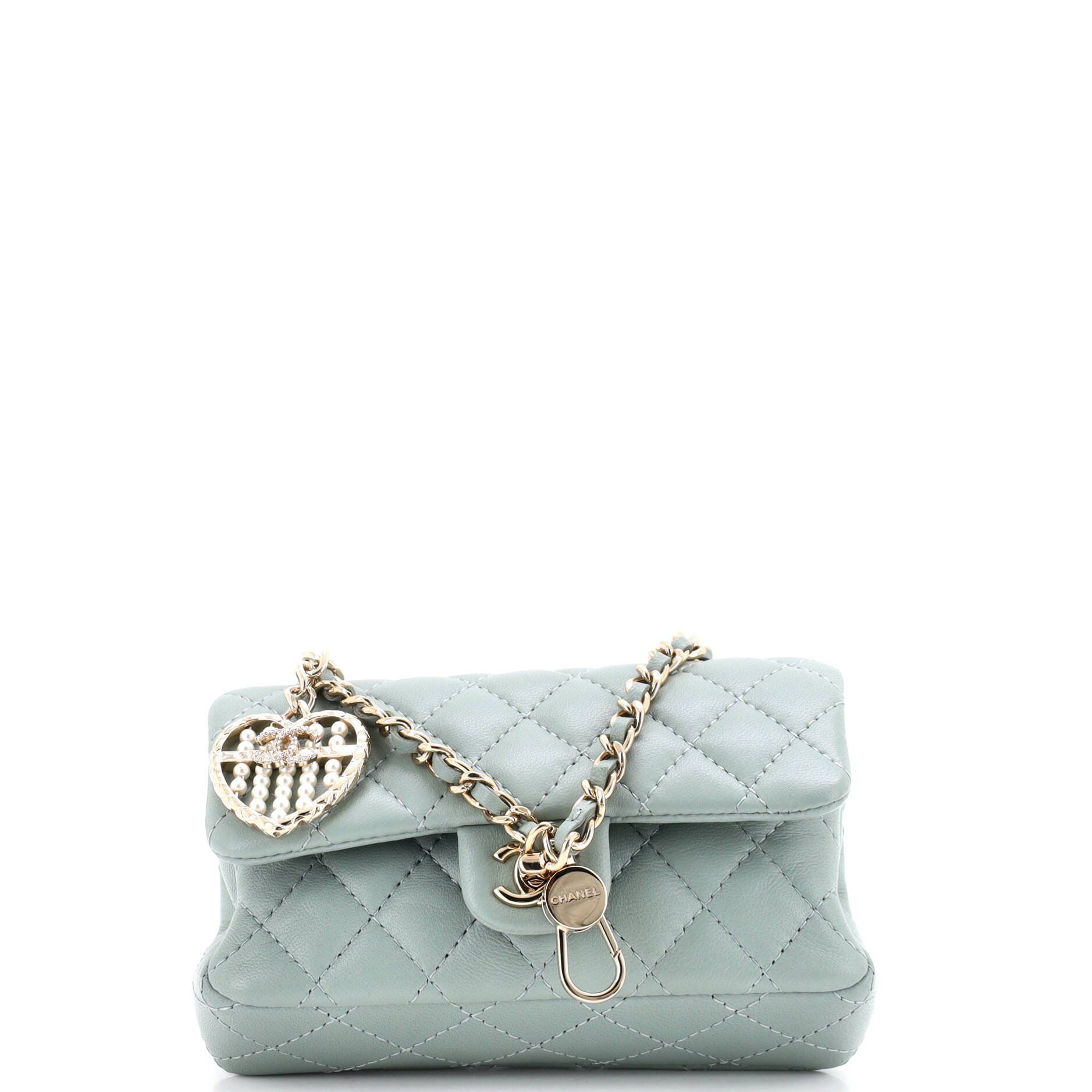 CC Heart Charm Double Flap Hook Bag Quilted Lambskin with Faux Pearls and Crystals Mini