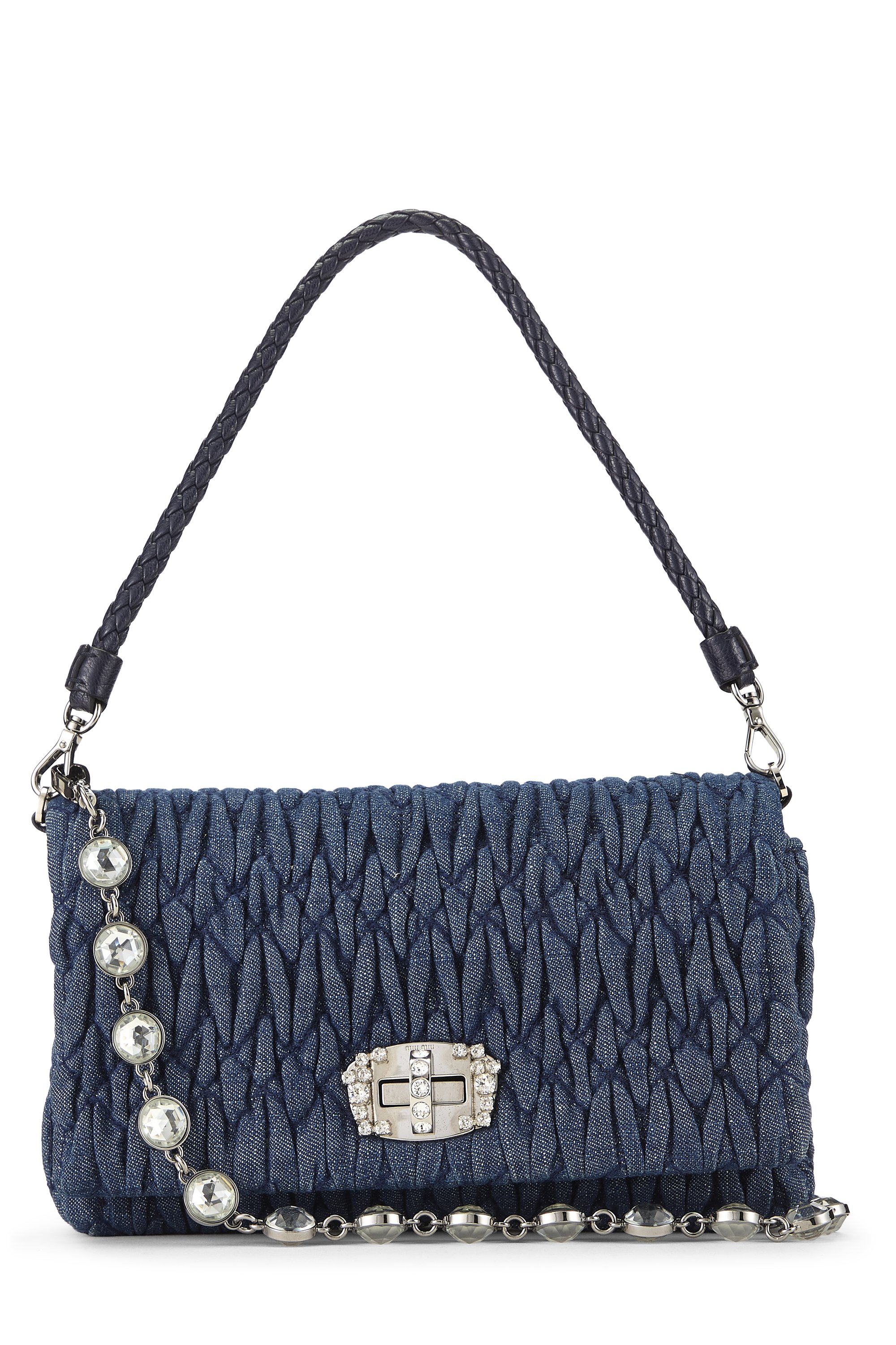 Miu Miu Navy Denim Crystal Flap Shoulder Bag