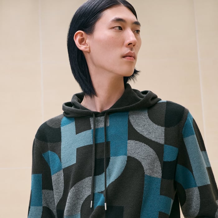 Kaki Cashmere "Maillon Puzzle" Hooded Sweater
