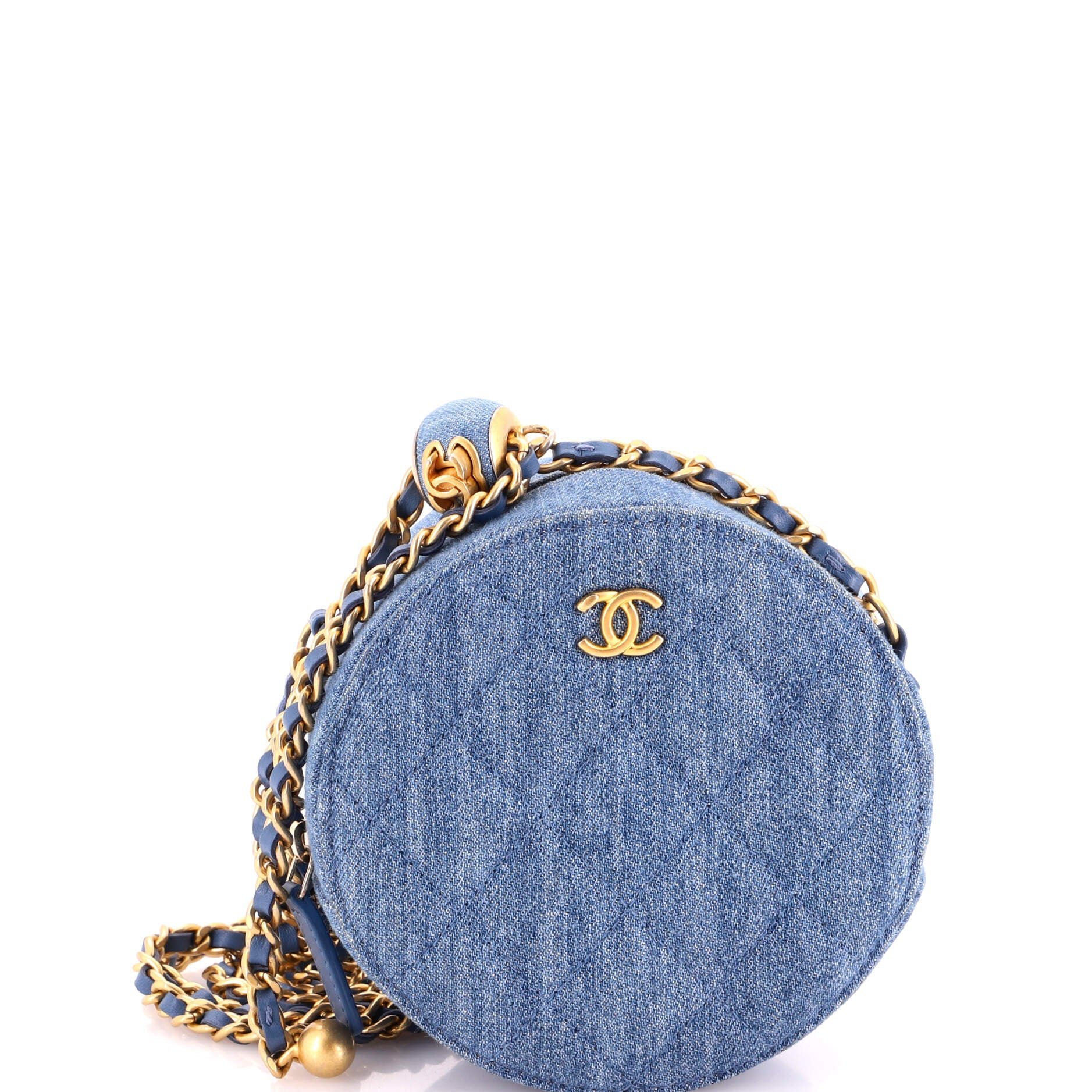 Pearl Crush Round Clutch with Chain Quilted Denim